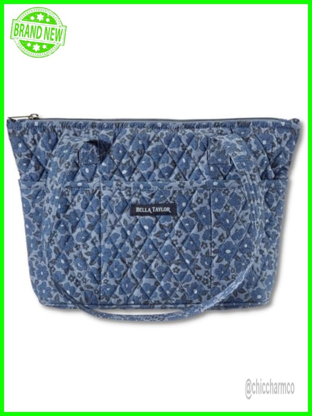 Quilted Small Tote Shoulder Bag Zip Top 10-Pocket Organizer Washable
